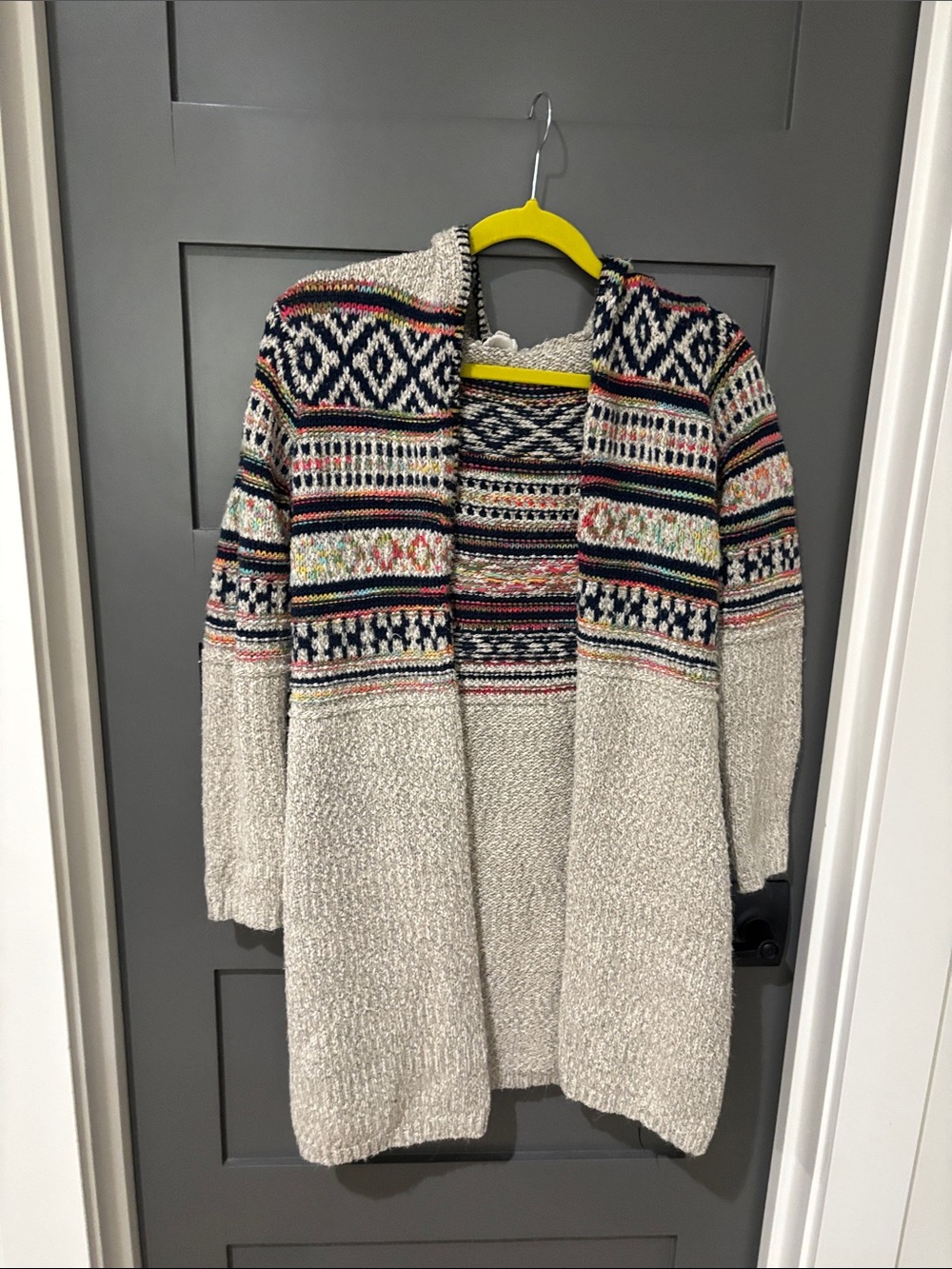 Hem & Thread Cream Open-Front Cardigan with Multicolor Fair Isle Yoke
